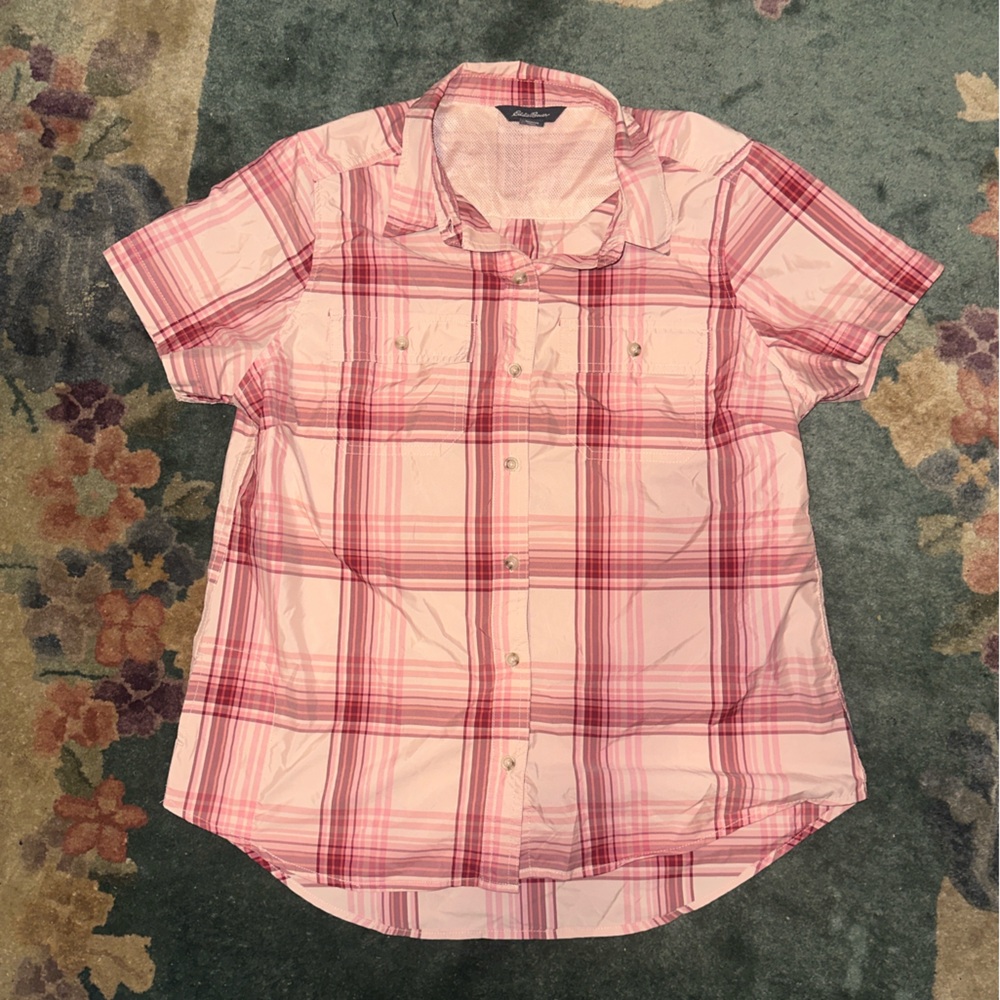 Pink and white Plaided summer vibes button up shirt size medium in women’s